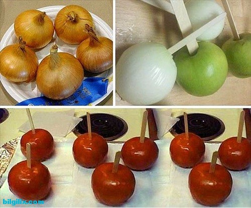 Soğanları kırmızıya boyayın ve elma şekeri olarak ikram edin :)